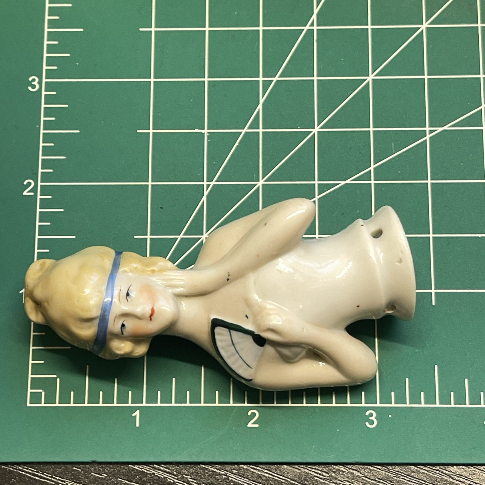 Art Deco Germany Half Doll Flapper Fan Porcelain Pin Cushion Figurine 3.25″