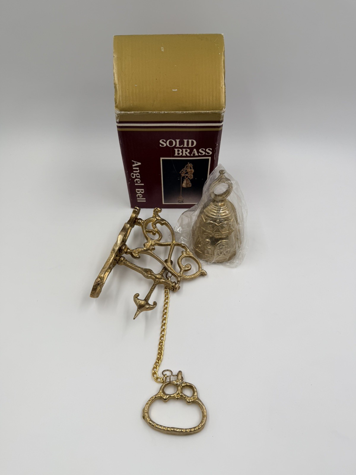 Vintage Solid Brass Angel Bell Porch Door Bell Mount Original Box NOS Religious