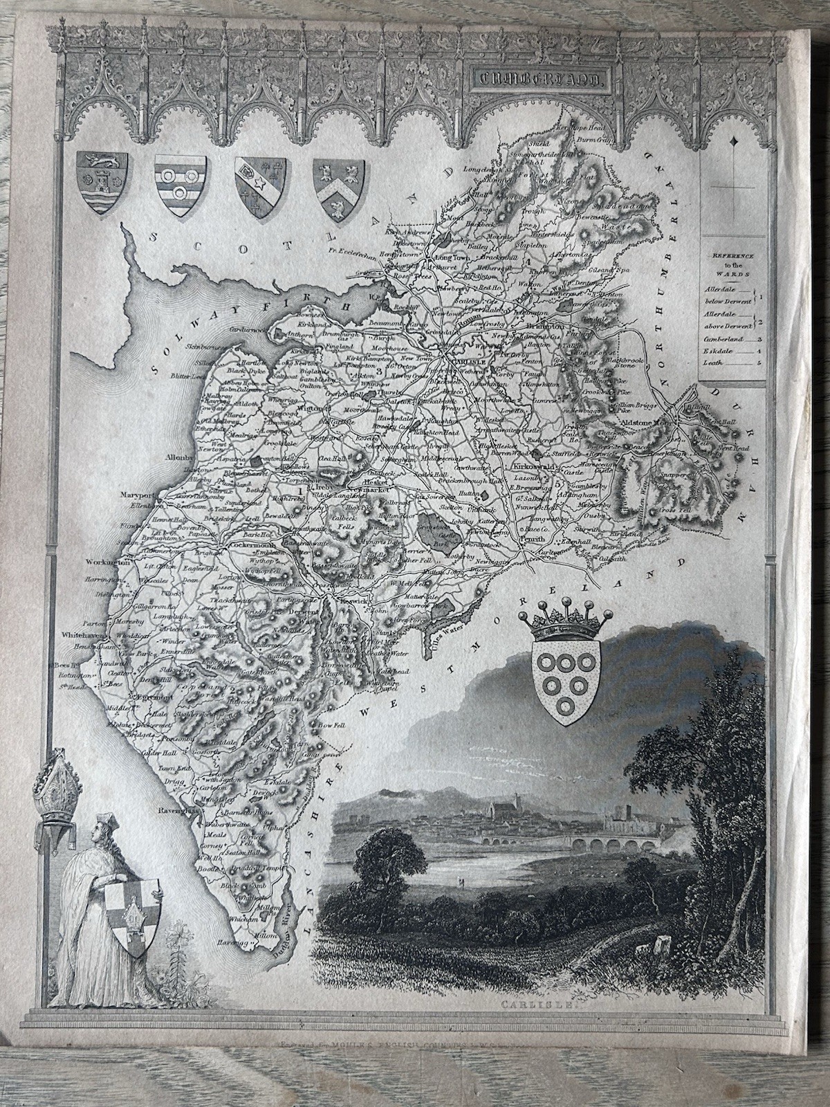 1838 Cumberland Original Antique Ornate Map by Thomas Moule