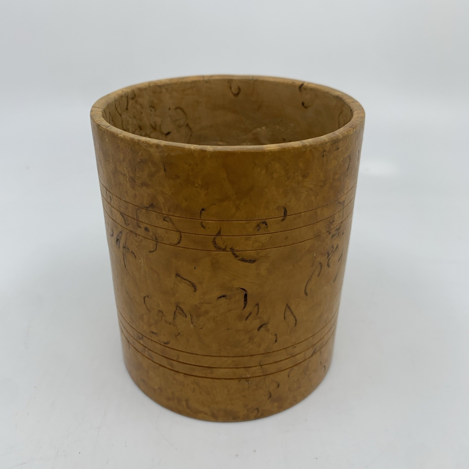 Vintage Burl Wood Treenware Cup Beaker 4” Tall Turned Wooden Desk Brush Pot