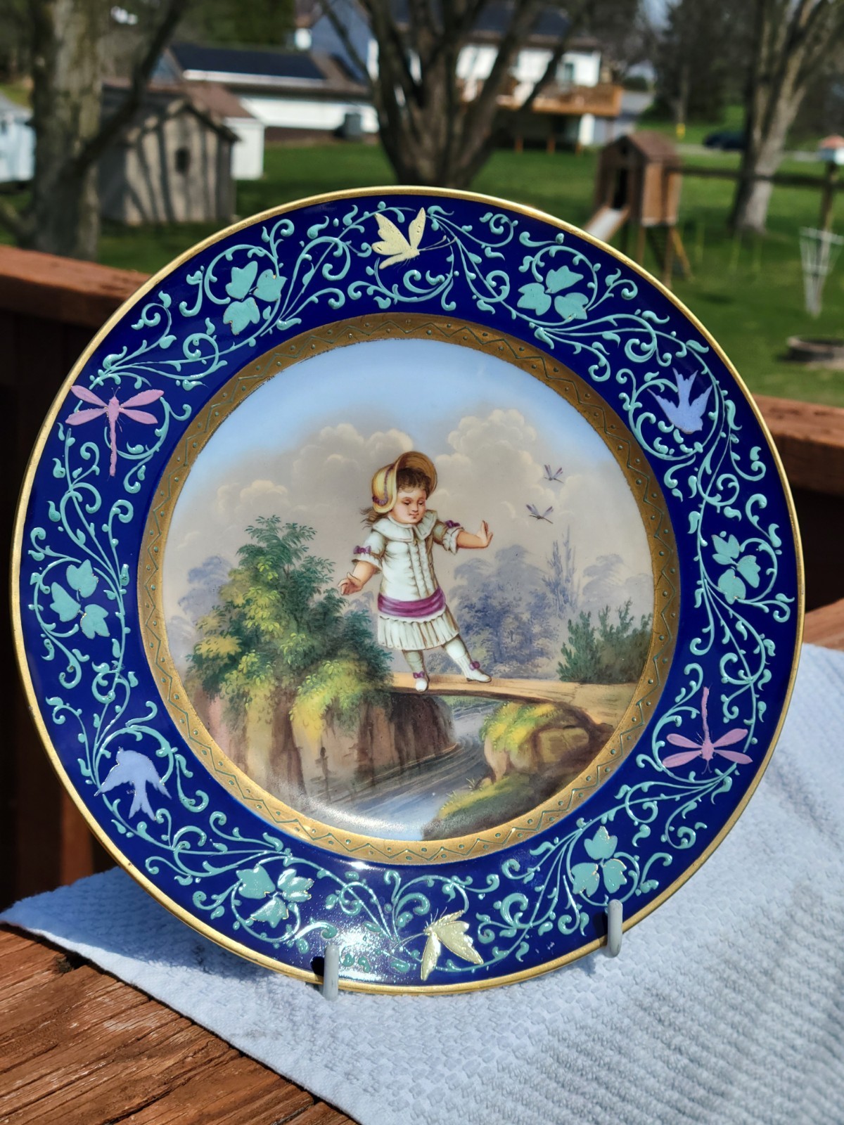 Antique Victorian Cobalt Royal Vienna Hand Painted Girl Butterfly Portrait Plate