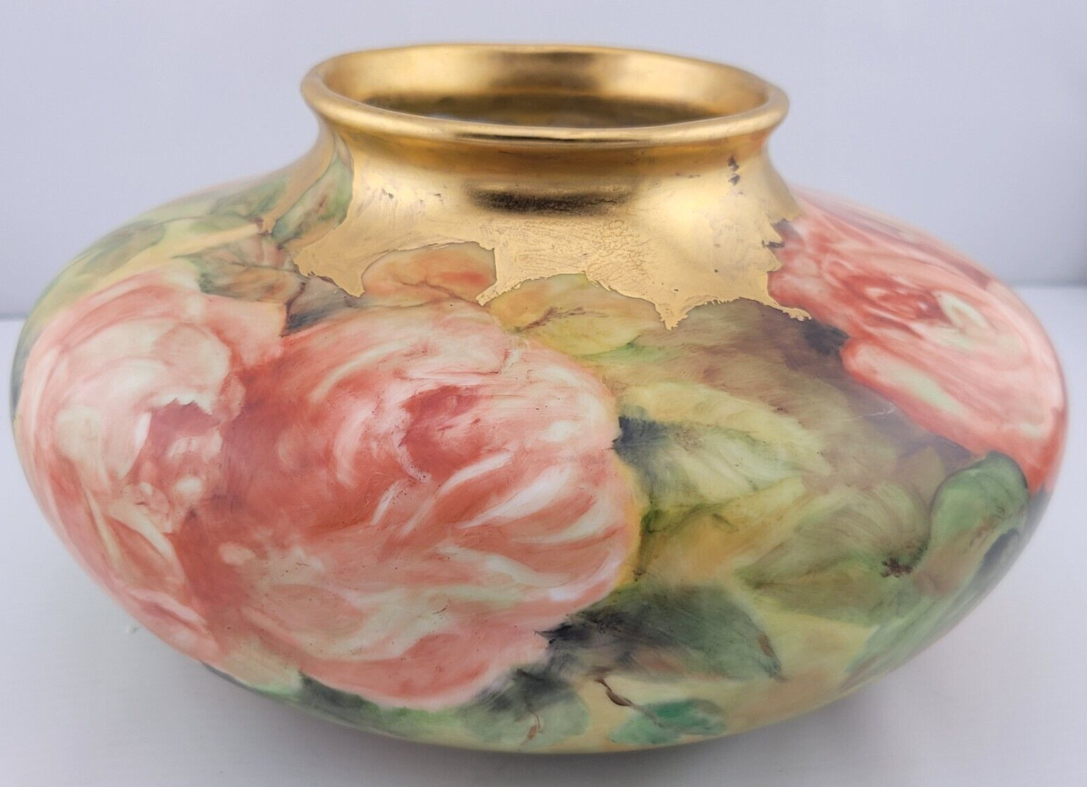 Antique😍 Porcelain Squat Vase Pink Gold Rose Flower Artist Signed Limer 8.5″
