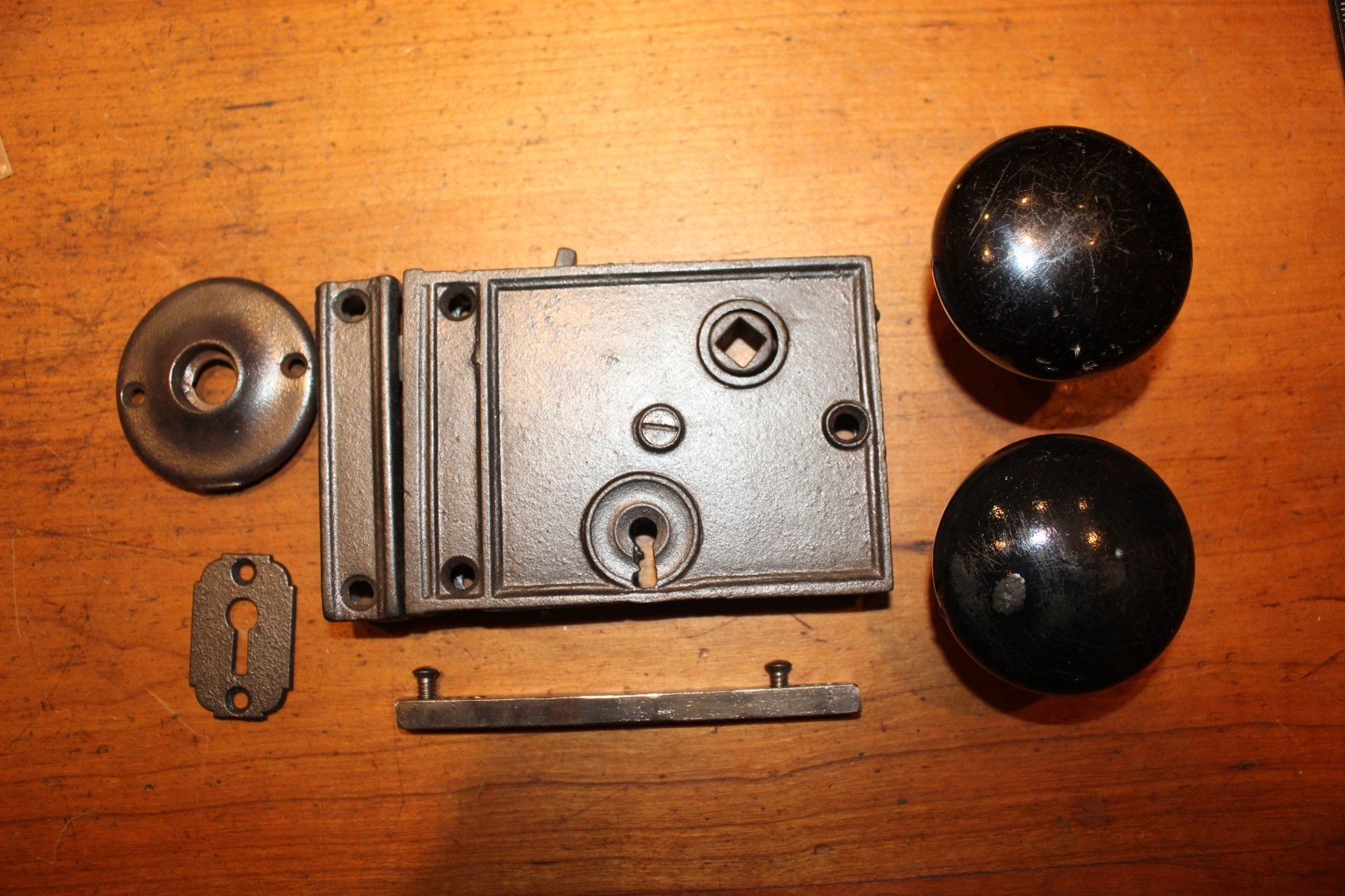 Restored Antique Rim Lock Set with Keeper, Knobs, Keyhole, Rosette W-59