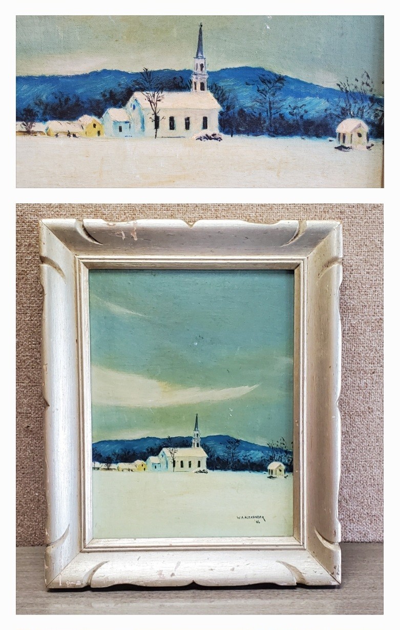 Country Church oil painting signed academy board 1900’s Signed W. A. Alexander