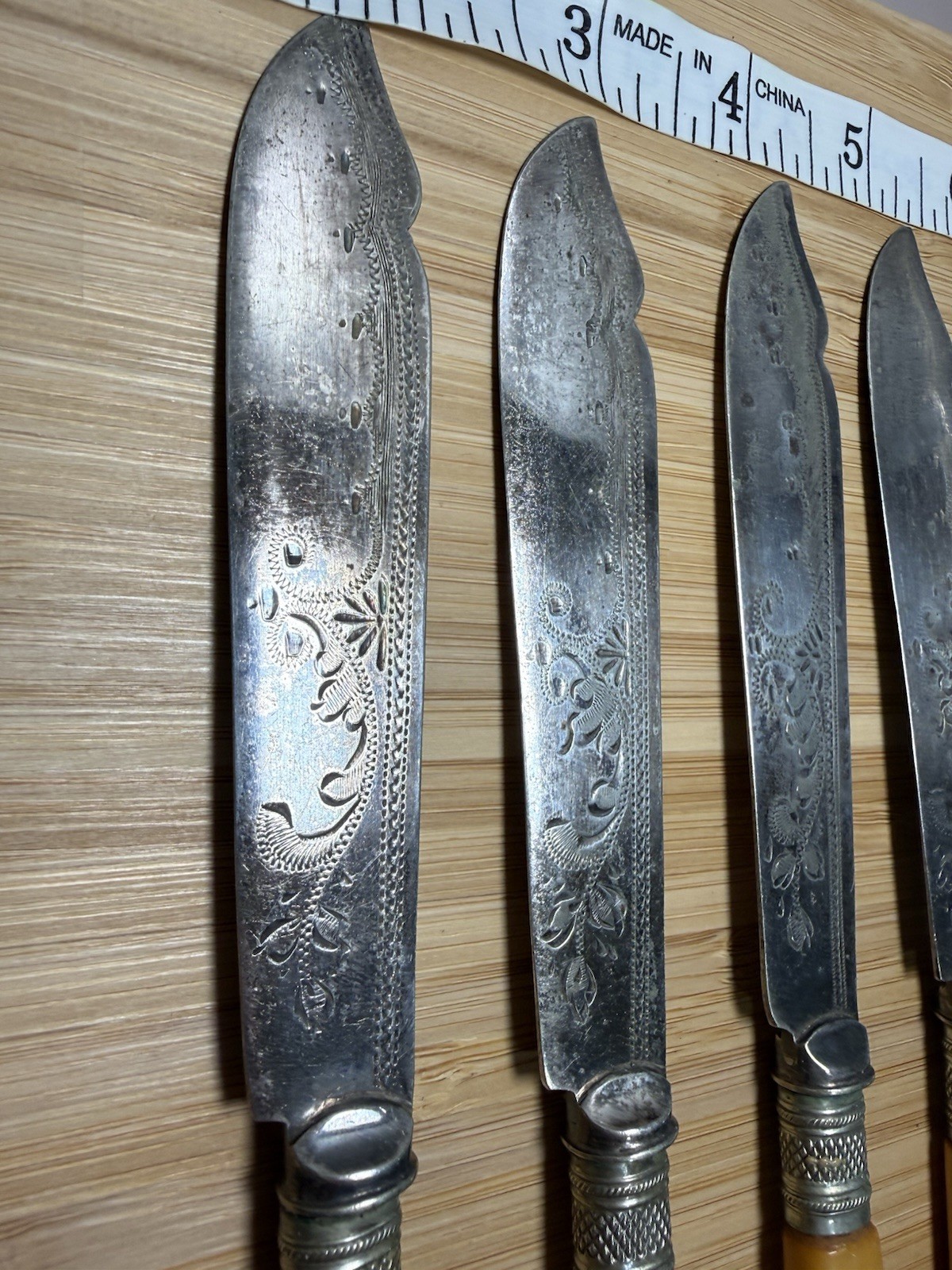 Antique Victorian Silver Plate Fish Knives Engraved with French Ivorine Handles