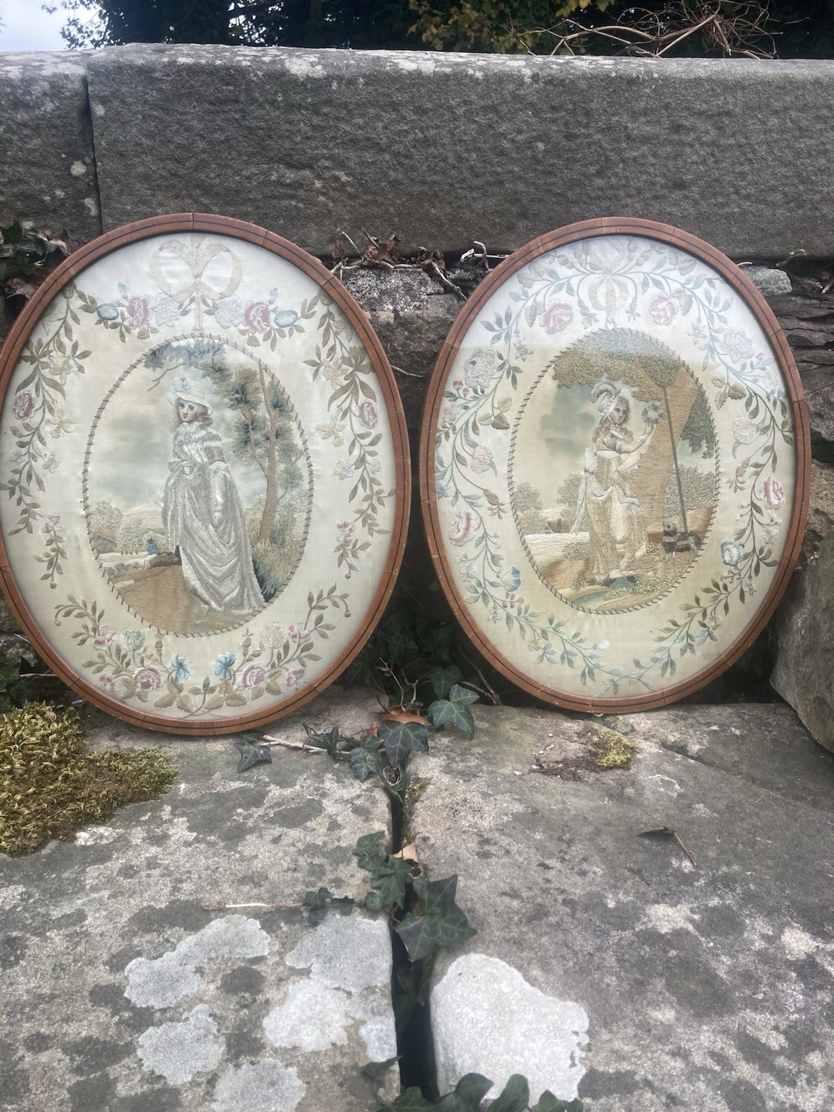Two Beautiful 18th Century Silk Needlework Pictures in Original Frames. c.1770