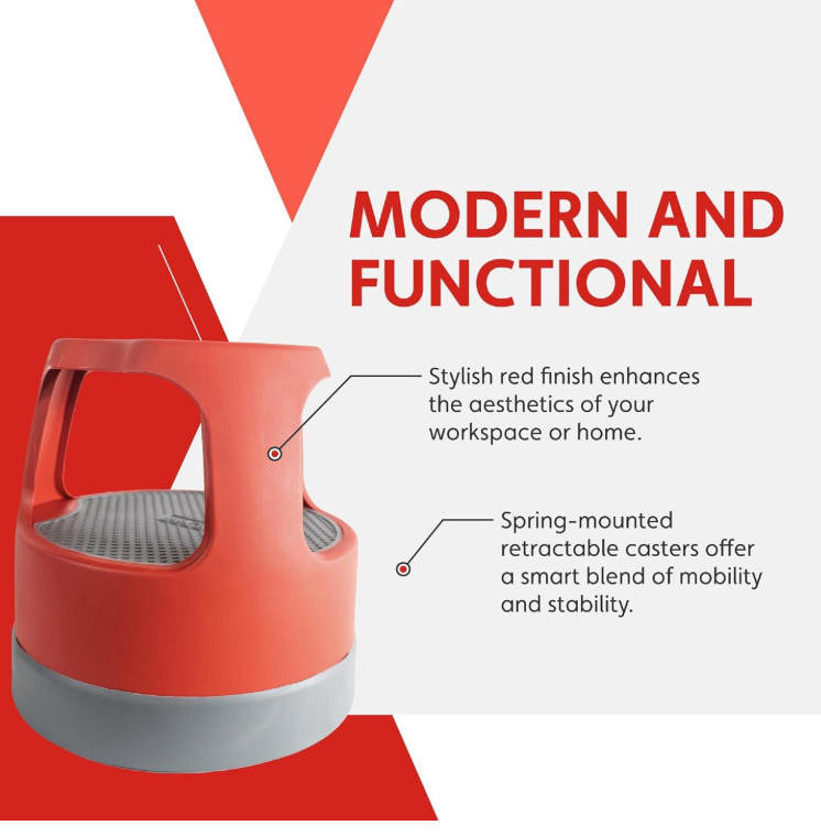 Cramer Scooter Stool 2-Step Rolling Step Stool 300 lb Red Plastic 16″