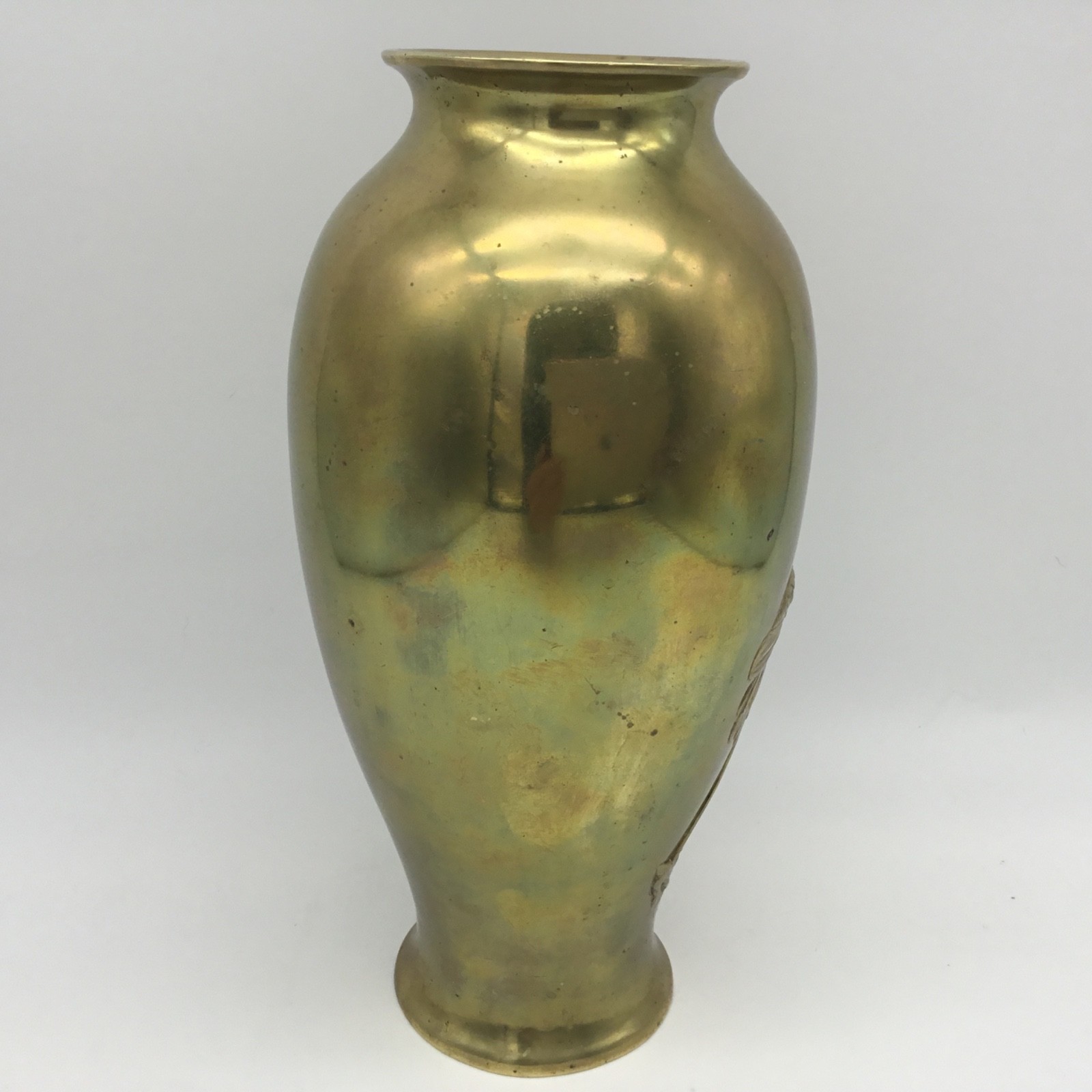 Japanese Brass Vase 9.5” Crane Bonsai Style Pine Tree Bas-relief Patina On Tree