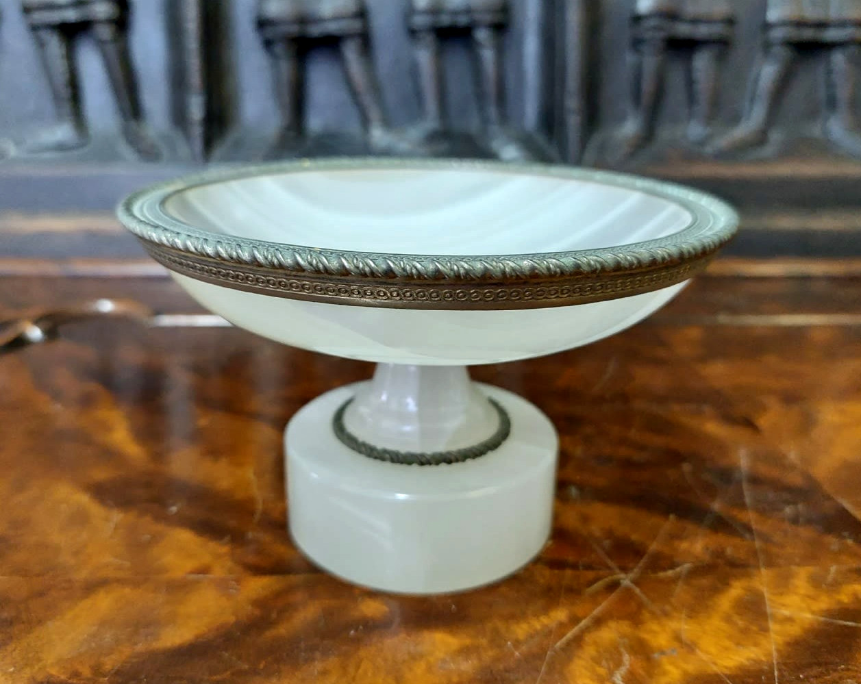Antique Leysen Frères Silver Plated Banded White Onyx Tazza Footed Bowl 791 gram