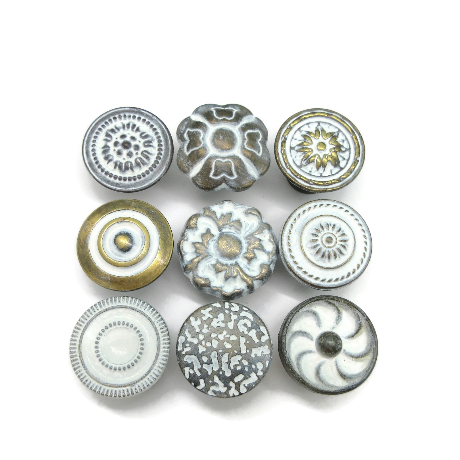 Set of 9 Small Vintage drawer knobs Shabby Distressed White pull Lot LM14