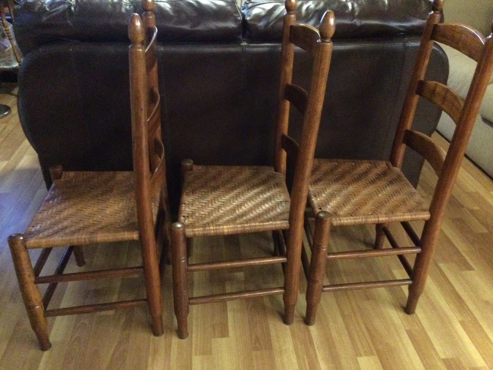 Vintage Lot Of 3 Ladder Back Chairs, Wood, Woven Rush Seats, Unbranded.