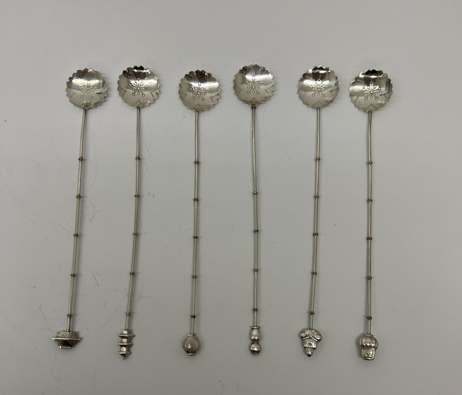 6 Pc Set Vintage Sterling Cocktail Straw Stirrers W/ Asian Charms – LM71