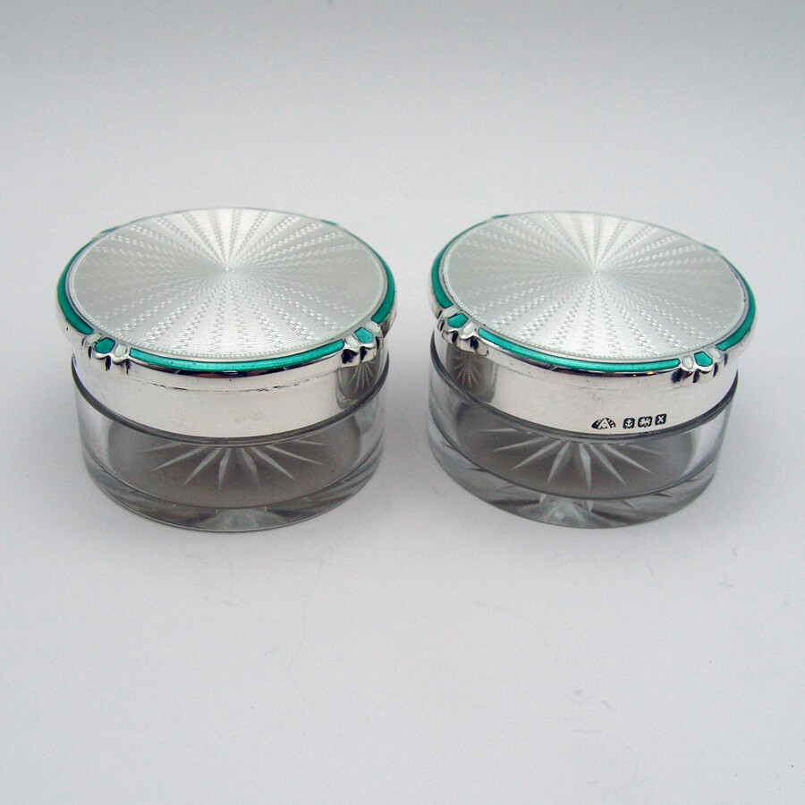 Glass Dresser Jars Pair Enamel Rims Sterling Silver Lids Birmingham 1947
