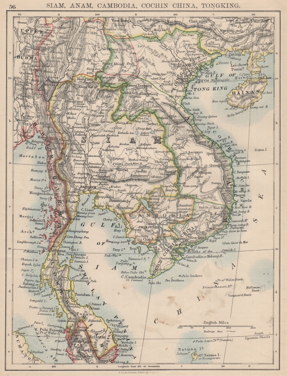 INDOCHINA.Siam with British & French spheres. Burma Cambodia Anam 1895 map
