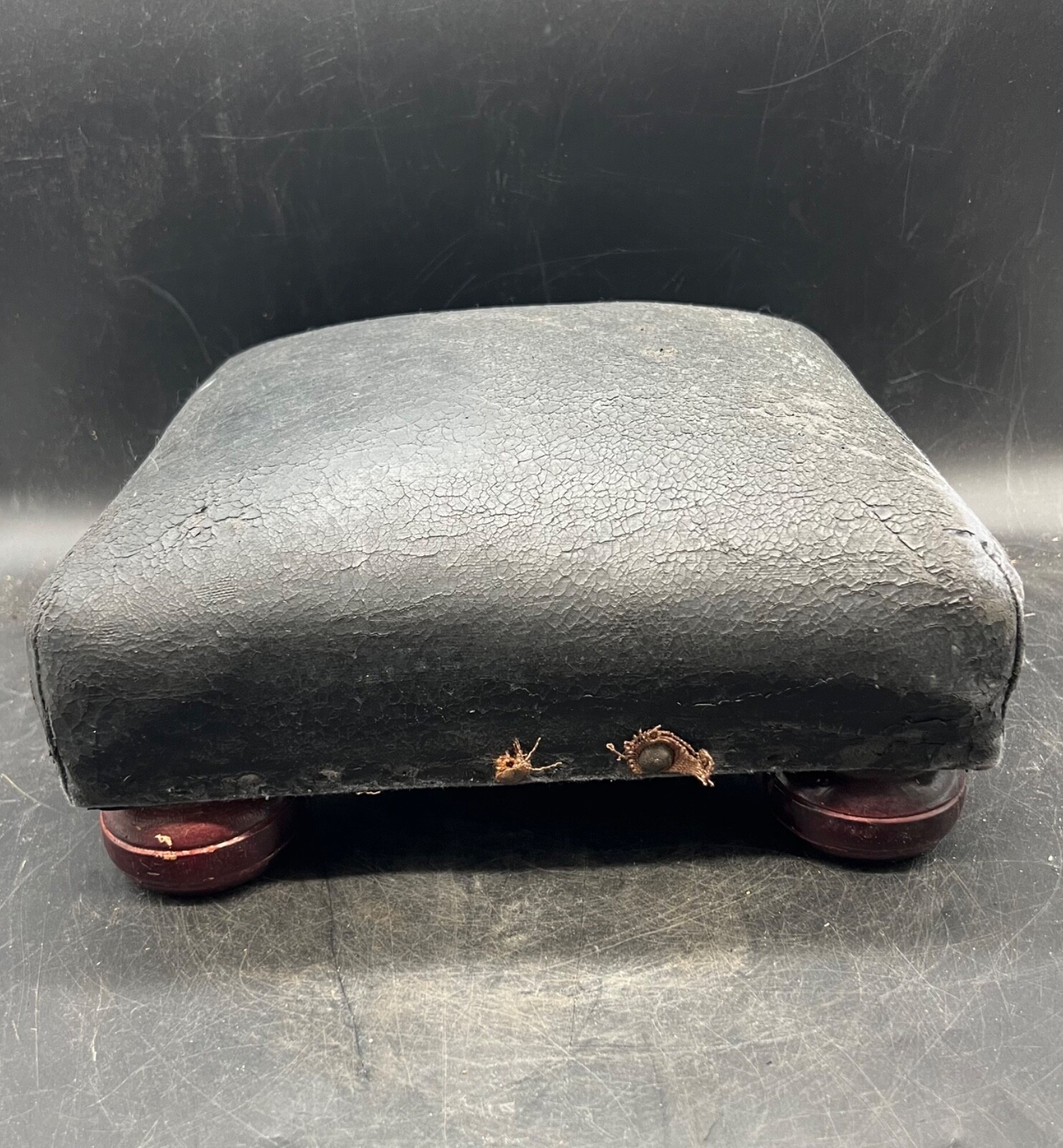 Vintage Antique 1930’s Foot Stool Ottoman Rest Bubble Legs Black Faux Leather