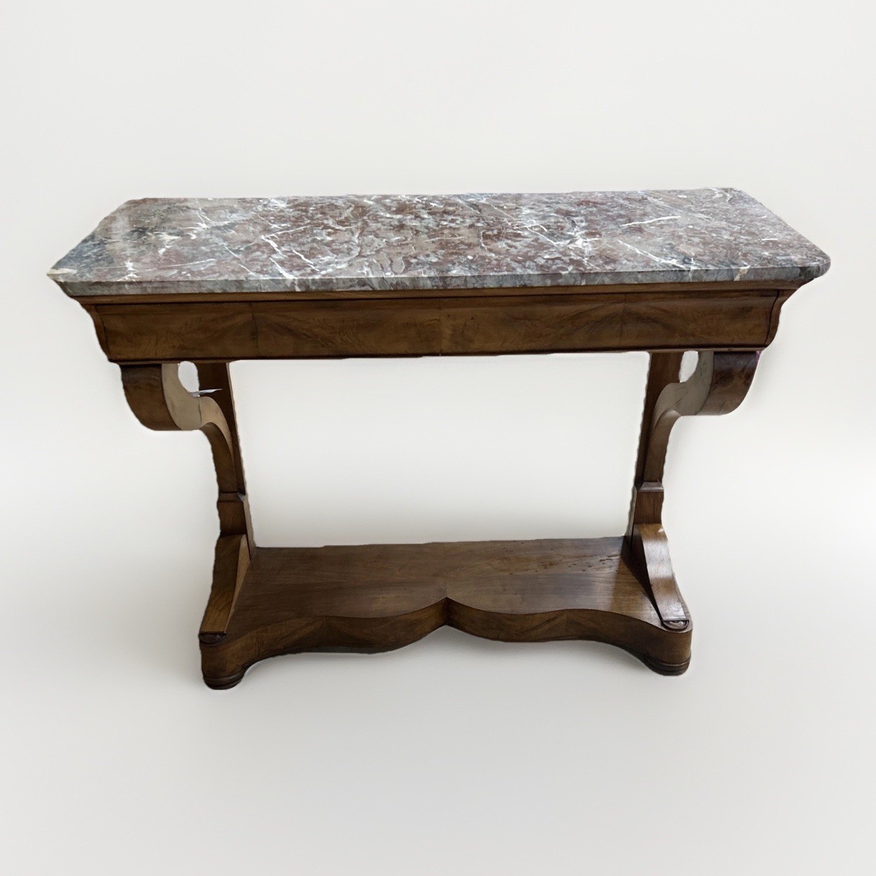 ANTIQUE FRENCH PERIOD LOUIS PHILIPPE MARBLE-TOP WALNUT CONSOLE ENTRYWAY TABLE