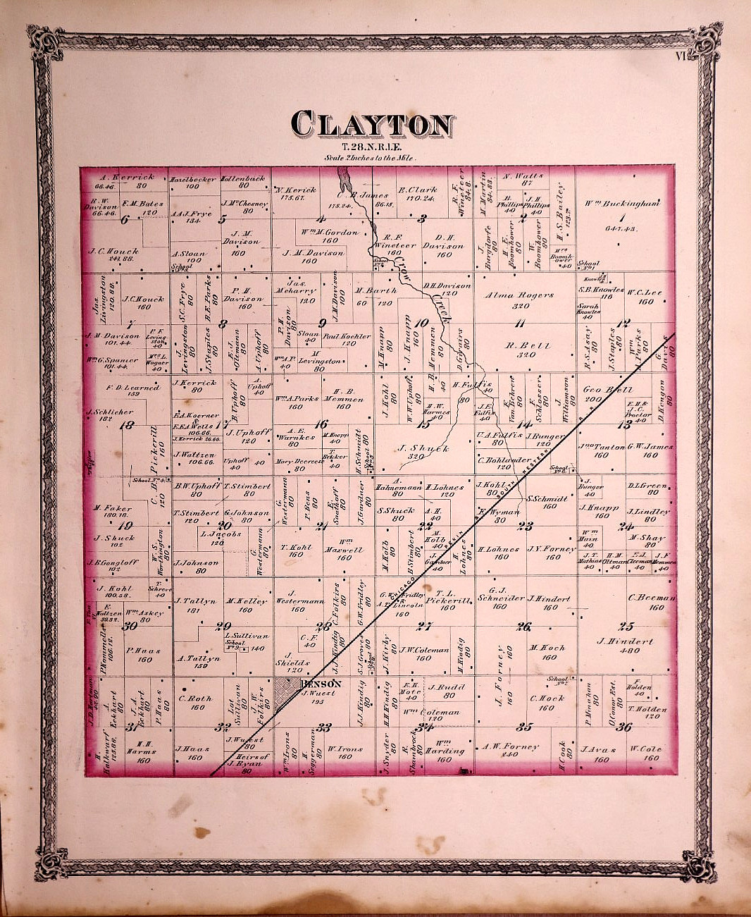 Rare Antique 1873 Plat Map ~ Clayton Township, Woodford County, Illinois 15×18