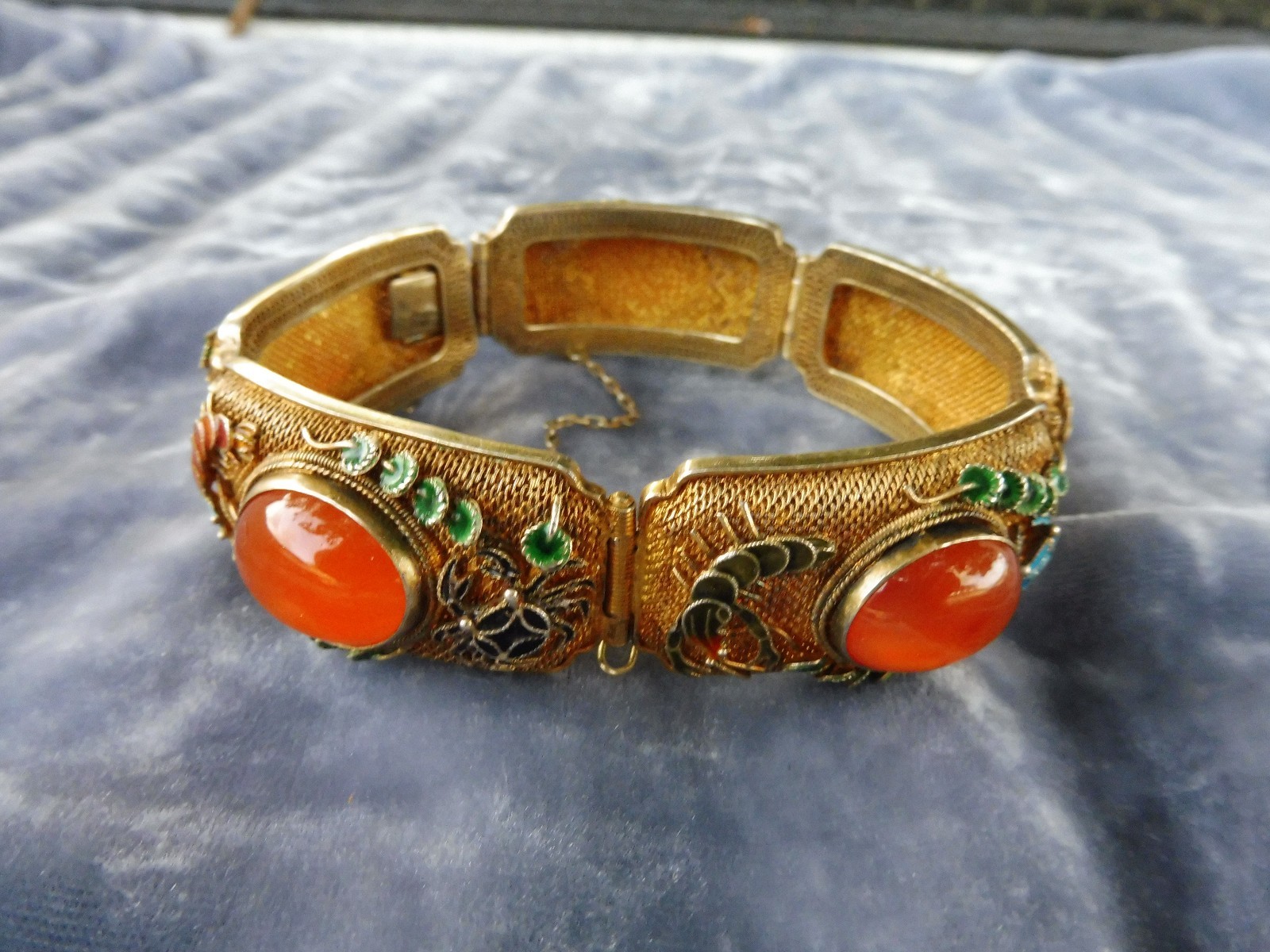 ANTIQUE CHINESE GOLD GILT SILVER CARNELIAN BRACELET HALLMARKED