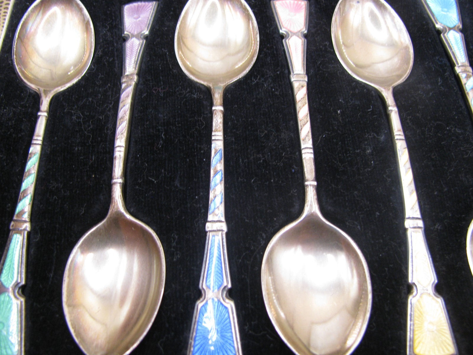 Birmingham 1957 Sterling Silver & Enamel Spoons In Case by Walker & Hall