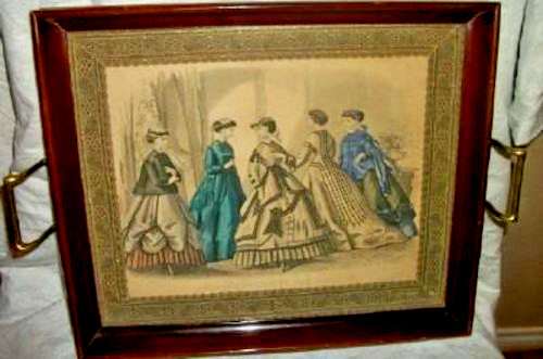 Antique Godey Lady Tray French Metallic Lace Walnut Brass Victorian Vanity