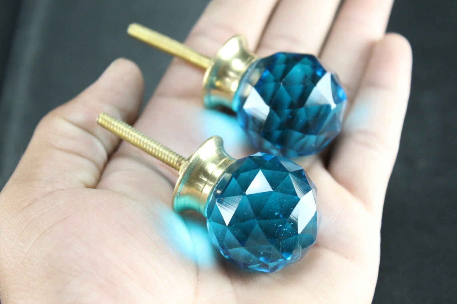 Sky Blue Diamond Cut Glass Door Knobs | Brass Base, Vintage Set of 2, Home Decor