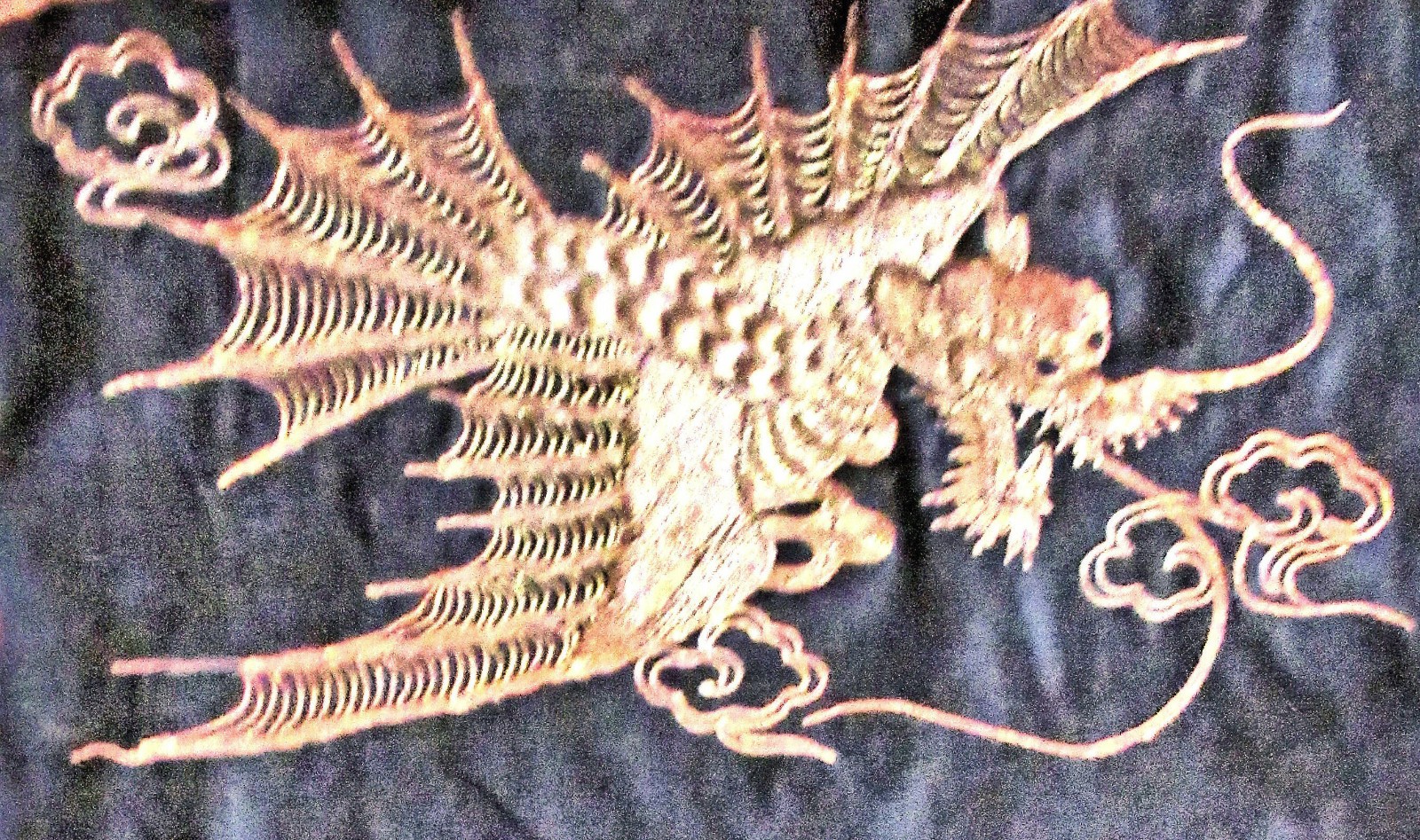 Antique Oriental Black w Metallic Goldwork Embroidery Dragon Koi DIY Sew b