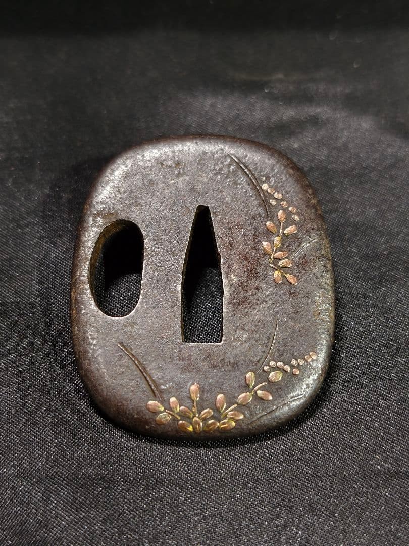 Antique Japanese Tsuba Kaga Inlaid Flower Pattern Edo Period