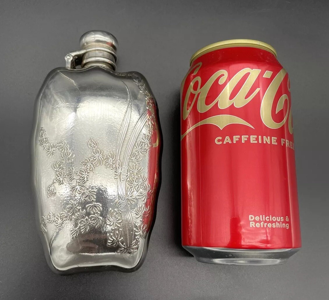 Whiting Aesthetic Sterling Silver Flask Acid Etched Floral Decorations 1880’s
