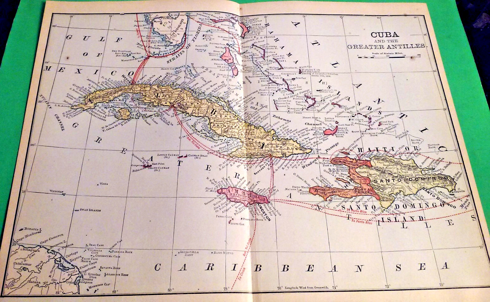 1901 Antique Color Fold Map ~ CUBA AND THE GREATER ANTILLES 12.5 x 10″ Inches