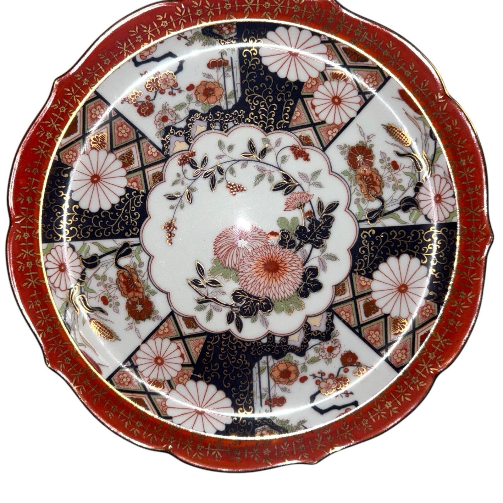 Vintage SAJI Japan Fine China Imari Style Floral Scalloped 10” Plate Gold