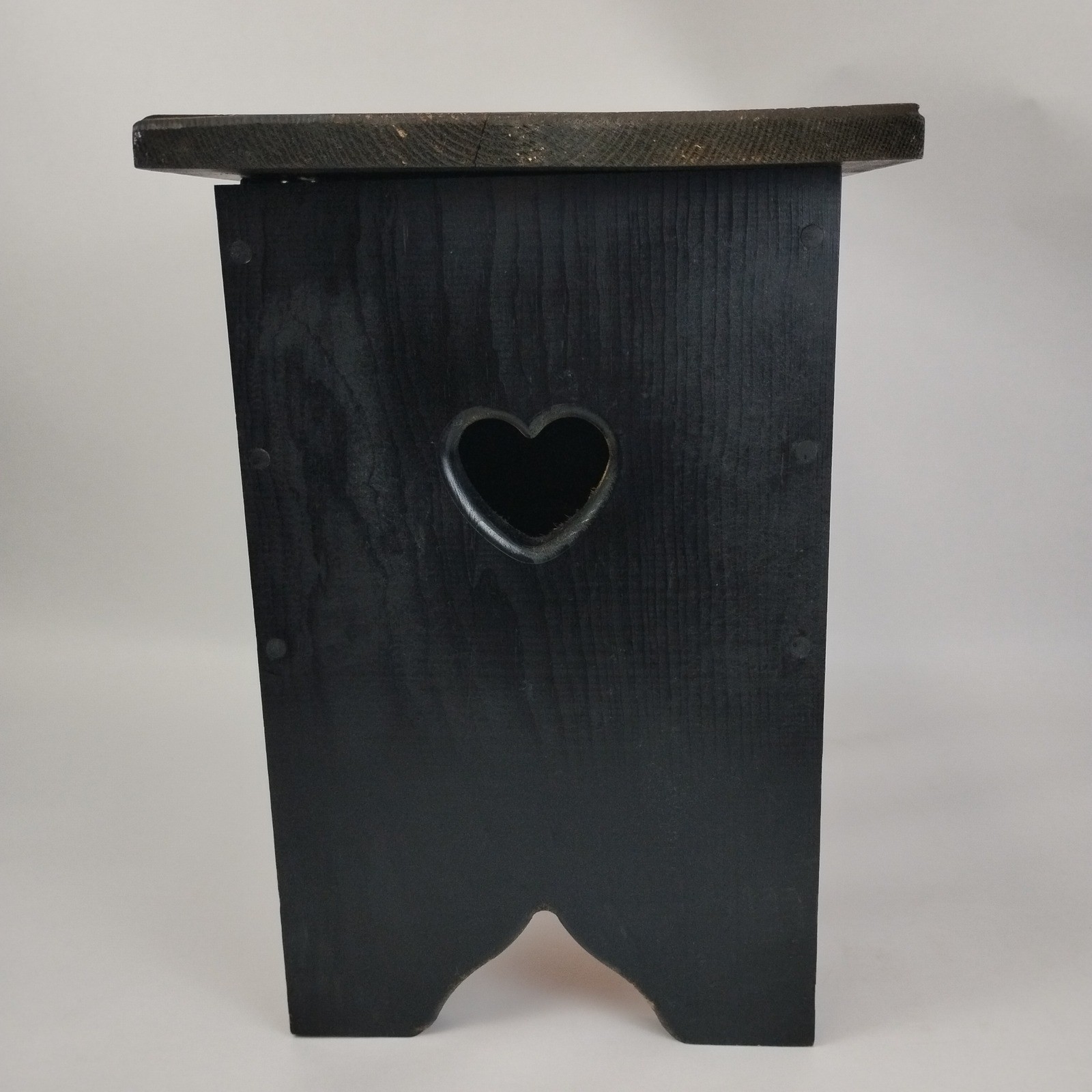 Handmade Black Solid Wood Storage Step Stool Heart Cutout Rustic Chest 17″ T Box