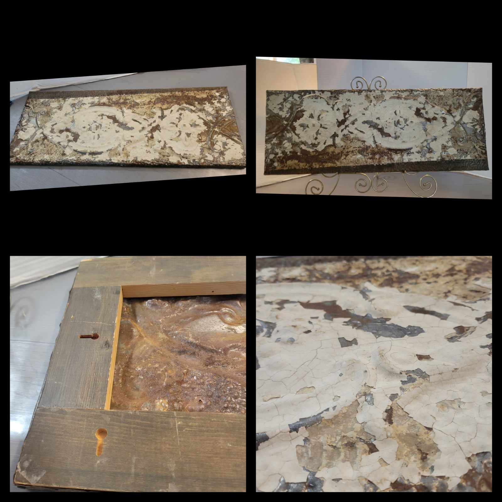 Antique Reclaimed Tin CEILING TILE Wall Art Shabby Chic On Wood Hanging 30×11.75