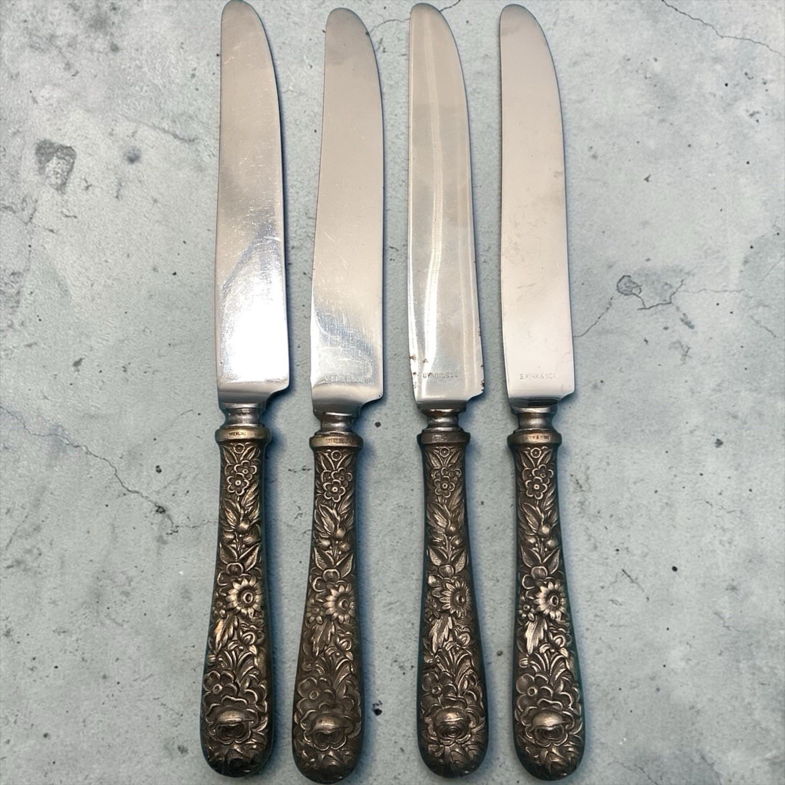 S Kirk & Son Resousse Sterling Hollow Handle Dinner Knife Set 4 No Mono
