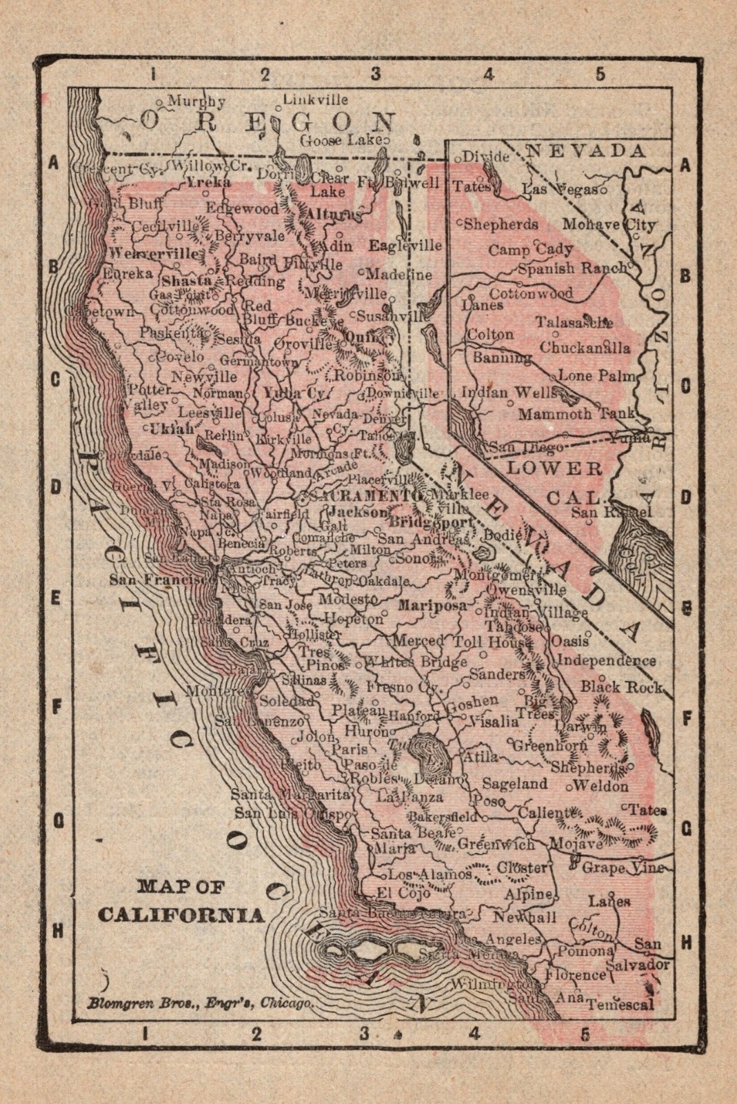 1888 Tiny Antique CALIFORNIA State Map Vintage MINIATURE Map of California 2628