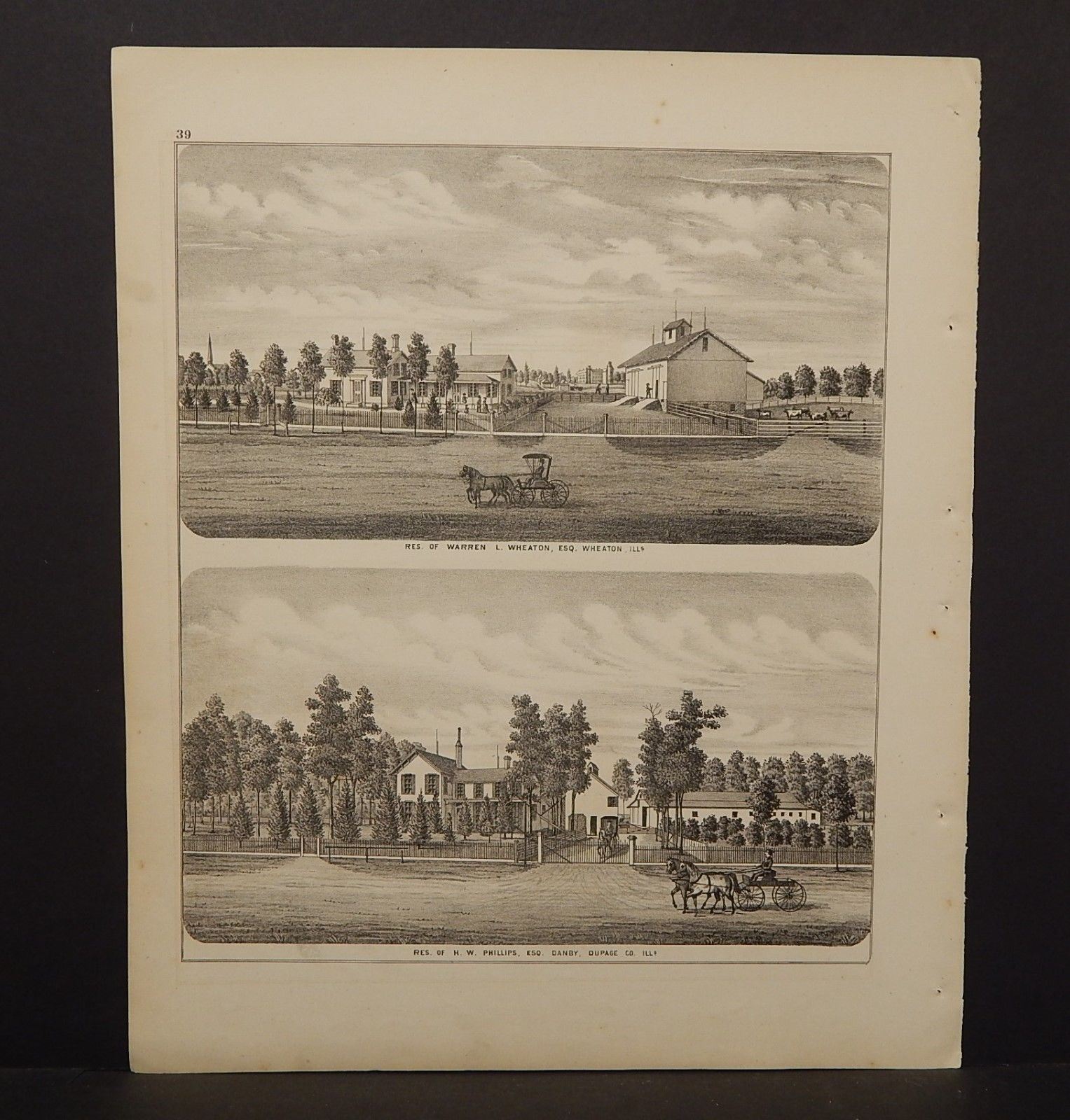 Illinois Du Page County Map Warren Wheaten Residence Engravings 1874 K14#09