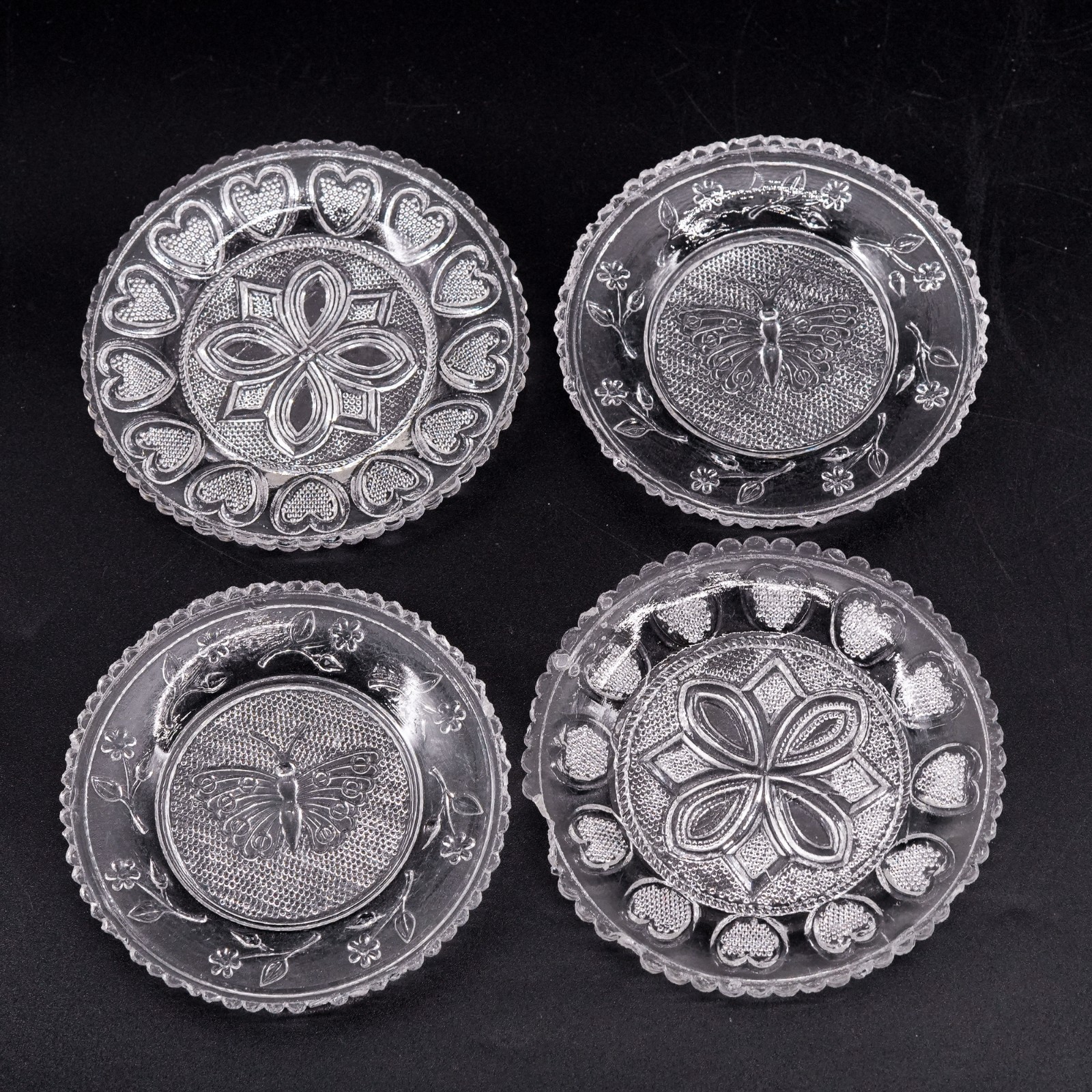 4 Antique Pressed Glass Cup Plates Butterfly Heart Knot Center Stippled EAPG