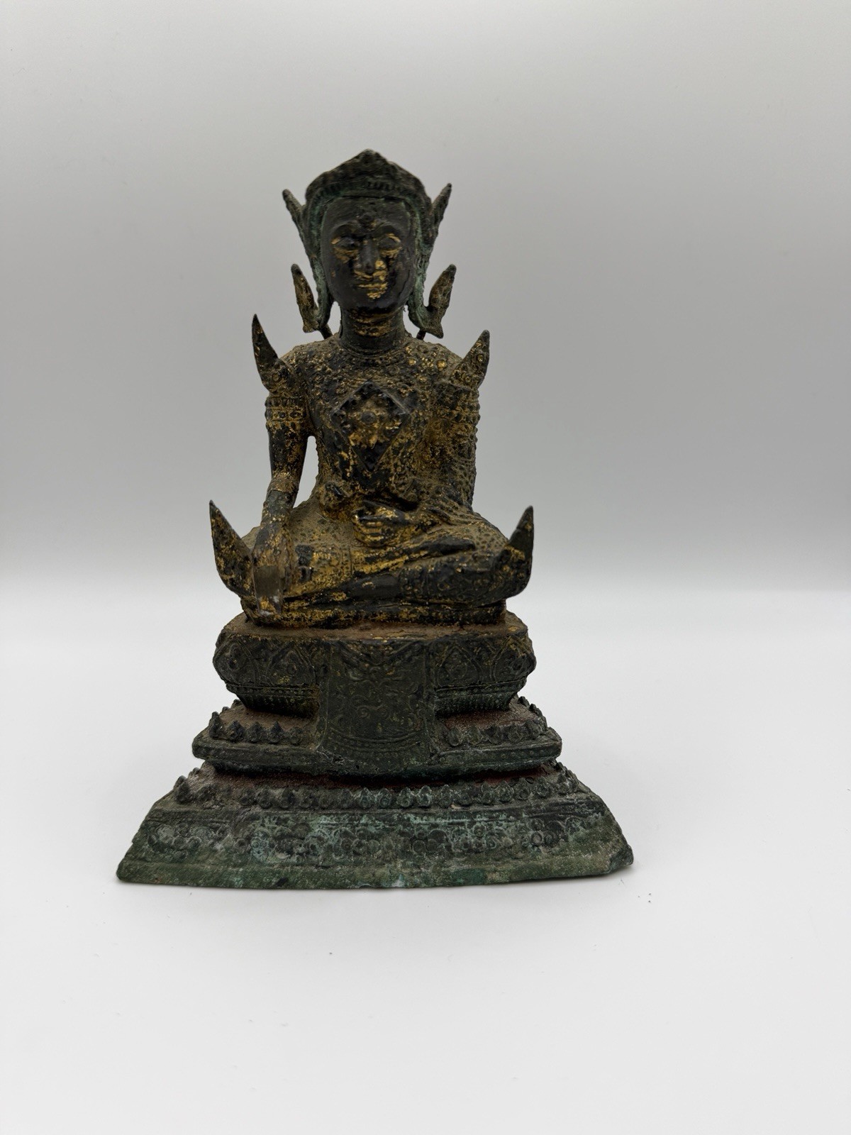Vintage Thai Bronze Crowned Buddha Statue Ayutthaya Style Gilded Verdigris 16cm