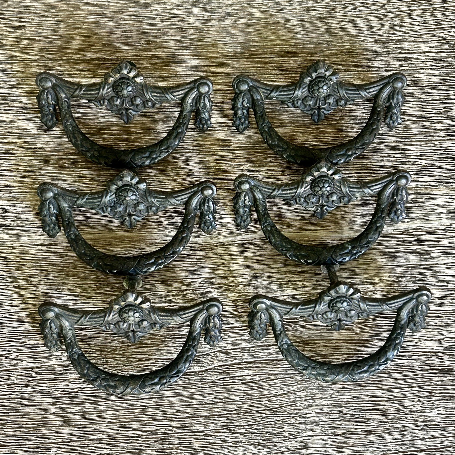 6 Vintage Ornate metal Drawer Pulls 3 1/2″ x 2 1/4″ -single screw mount