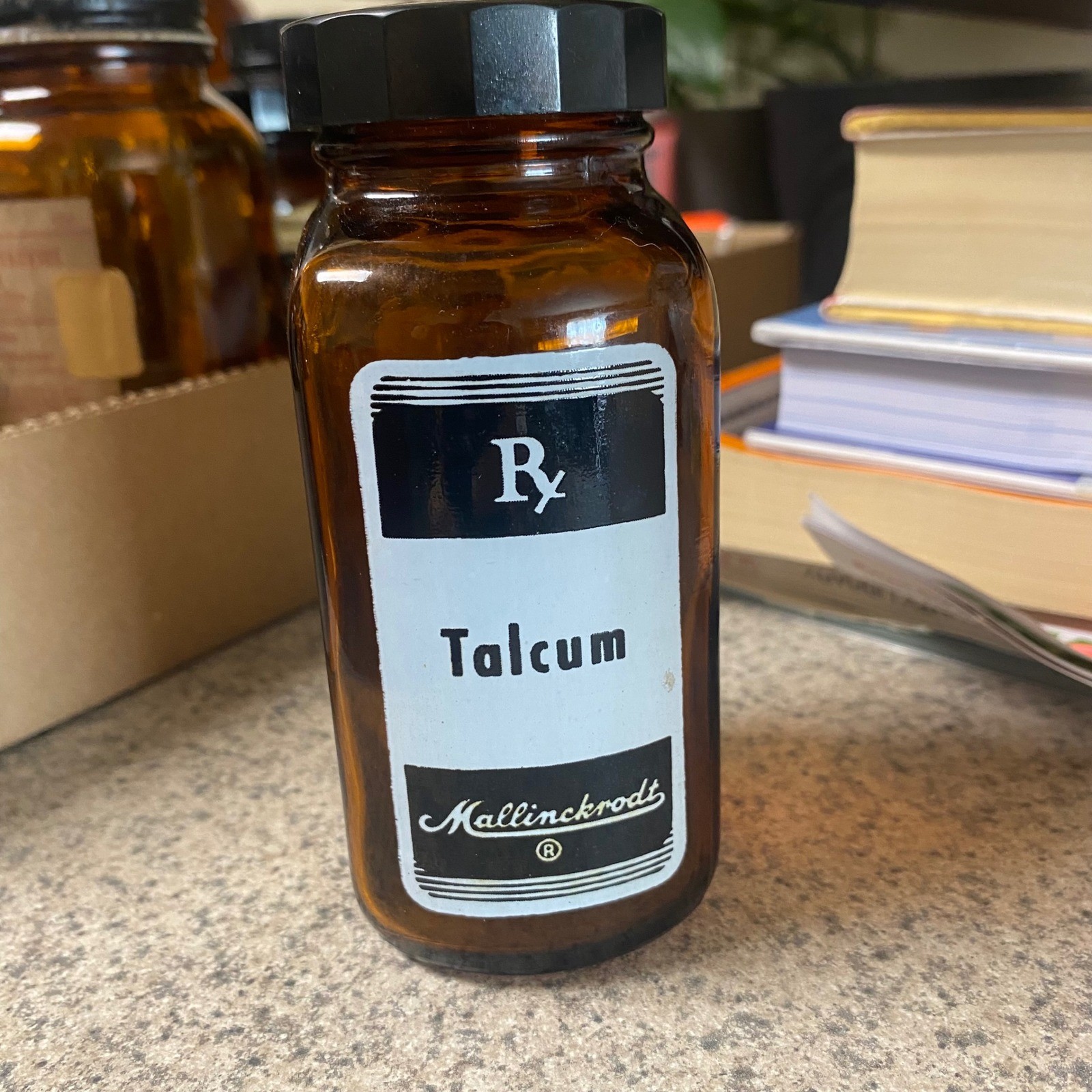 Vintage Talcum Bottle Pharmacy Jar Amber Bottle Merck Cap Mallinckrodt Oddities