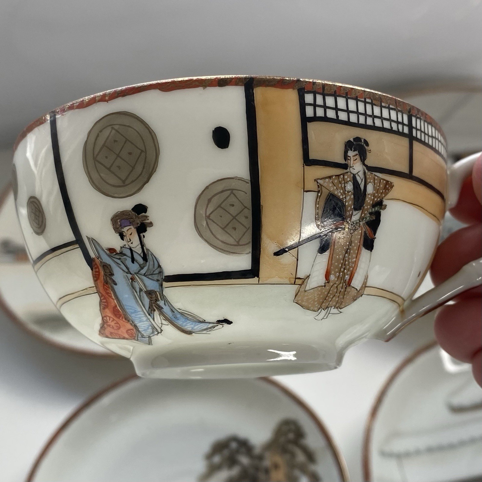 Yokohama ware 2x Cup,saucer & Side Plate Bone china, Chushingura Or 47 Ronin Set