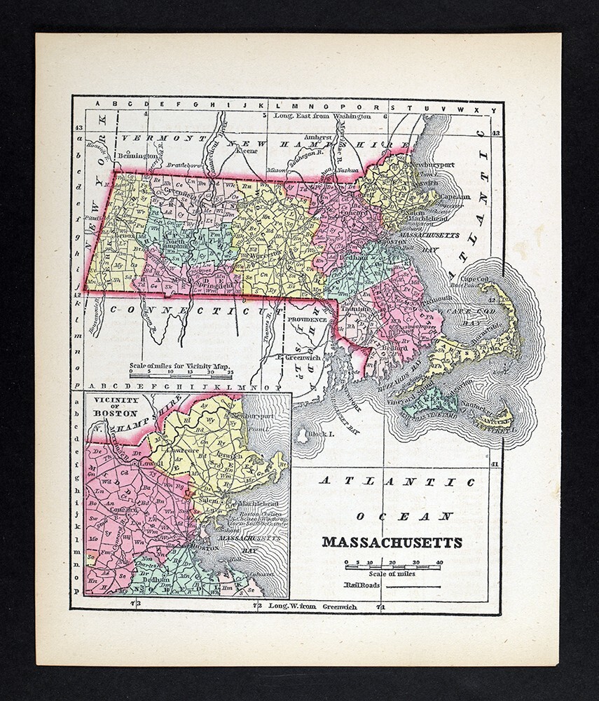 1857 Morse Map Massachusetts Boston Cape Cod Plymouth Nantucket Salem Concord MA