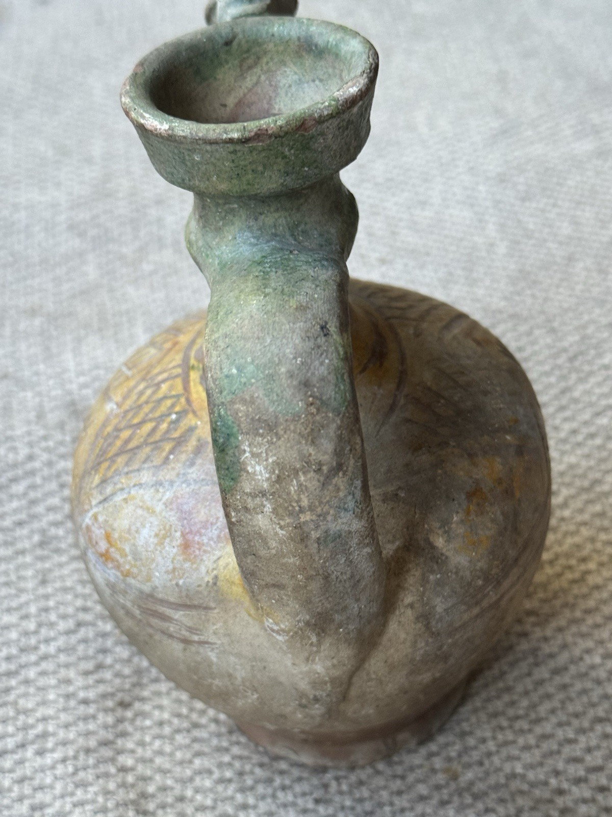 Antique Primitive Glazed Hungarian Terracotta Pottery Wine Olive Two Spout Jug