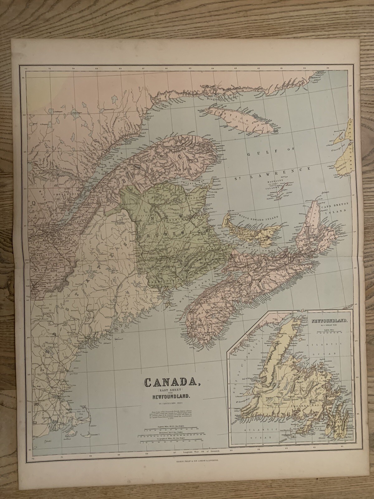1883 EASTERN CANADA NEWFOUNDLAND LARGE MAP BY GEORGE PHILIP 69 cm x 54 cm