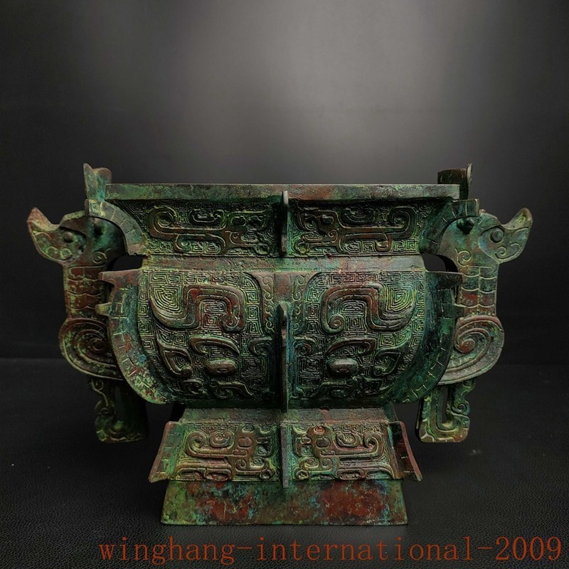 12″old China Shang Zhou Bronze ware fengshui Wealth Beast Food Vessel Statue