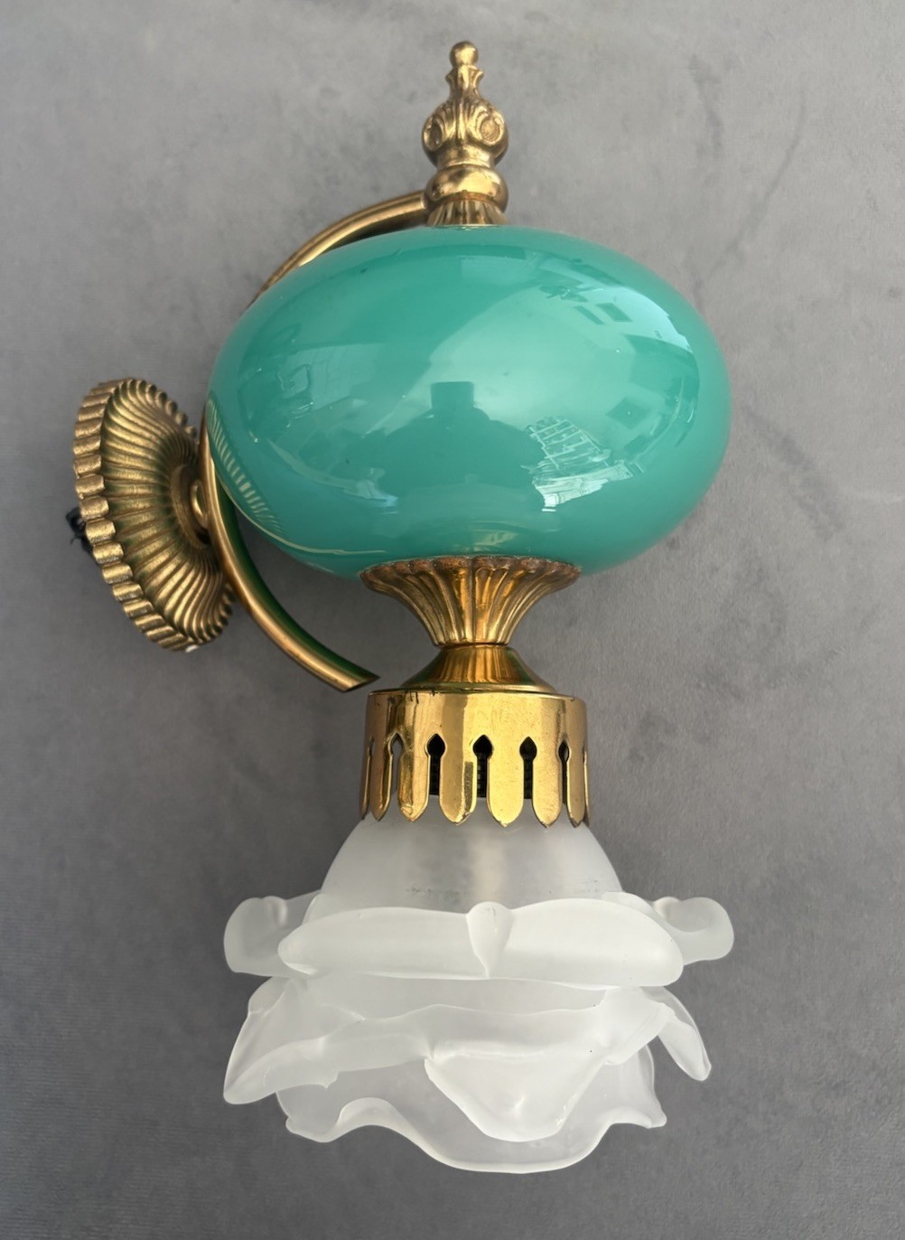 Vintage French Sconces Vintage Gilt Bronze and Green Glass Light Lamp Wall.