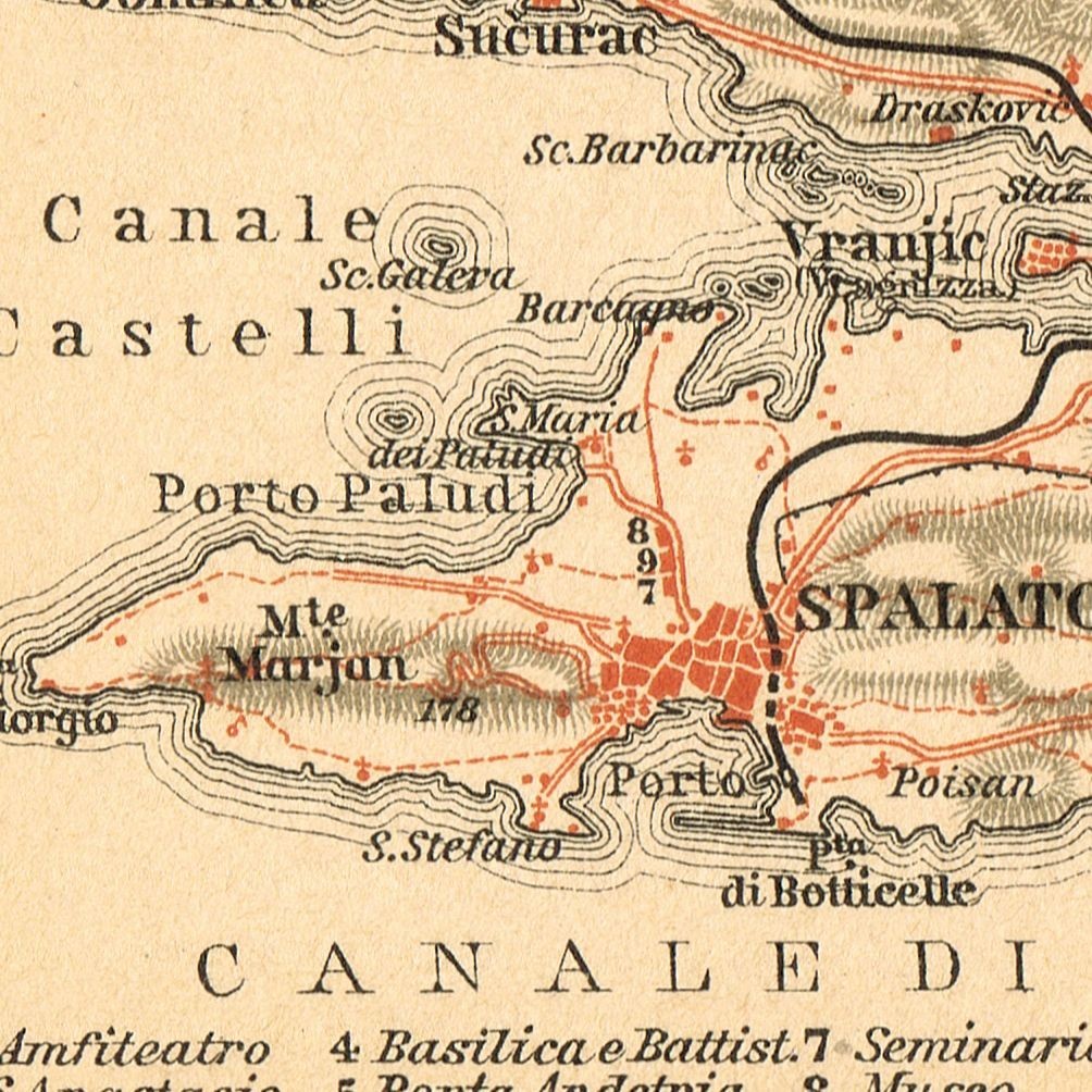 SPLIT Antique map Original map 1911 CROATIA Dalmatia Spalato