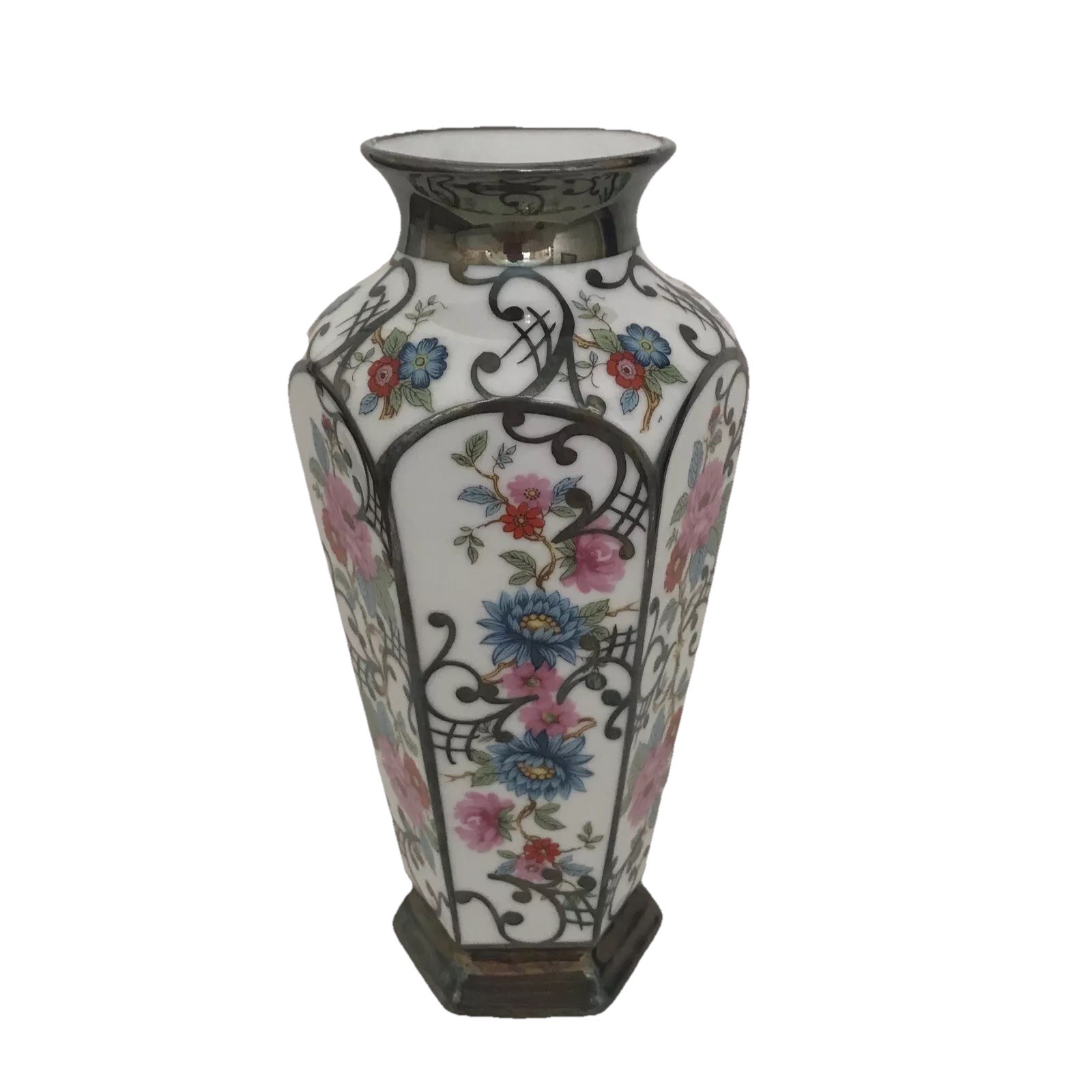 White Porcelain Floral Vase Bohemian Heavily Silver Enamelled Decorated VTG #
