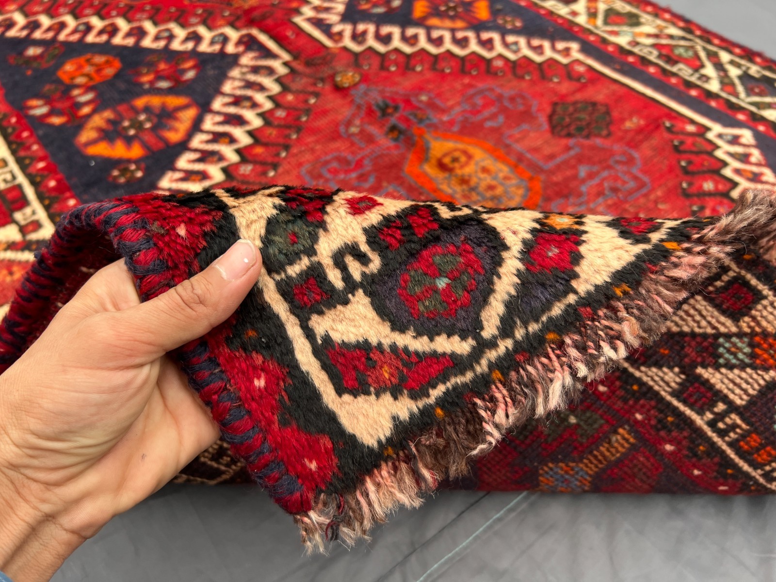 3’8×5’5 ft Vintage Afghan Baluchi Red & Navy Geometric Diamond Design Area Rug