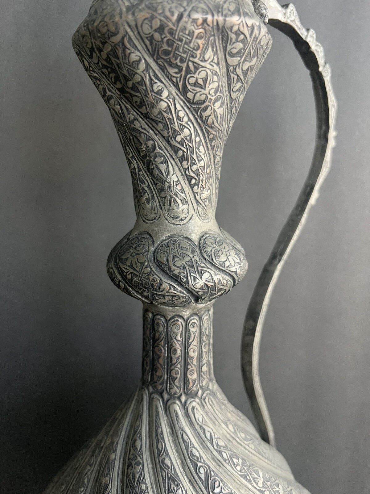 Large antique Middle Eastern Islamic Turkish Engraved Tinned Copper Ewer H21.75”