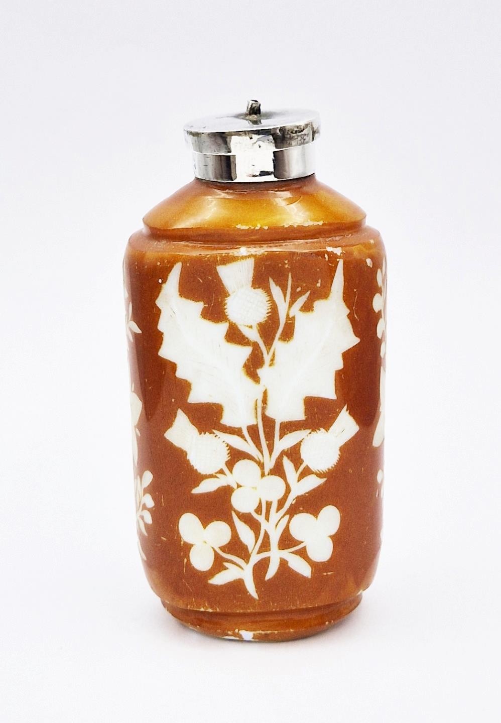 VICTORIAN SOLID SILVER MOUNTED AMBER ETCHED GLASS SCENT BOTTLE – BRITISH EMBLEMS